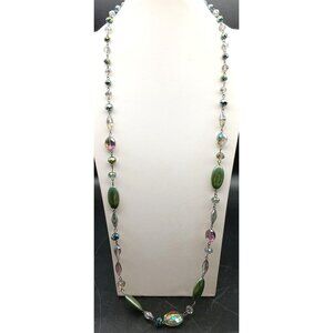 Vintage Iridescent Beaded Necklace With Green & Multicolor Glass Beads